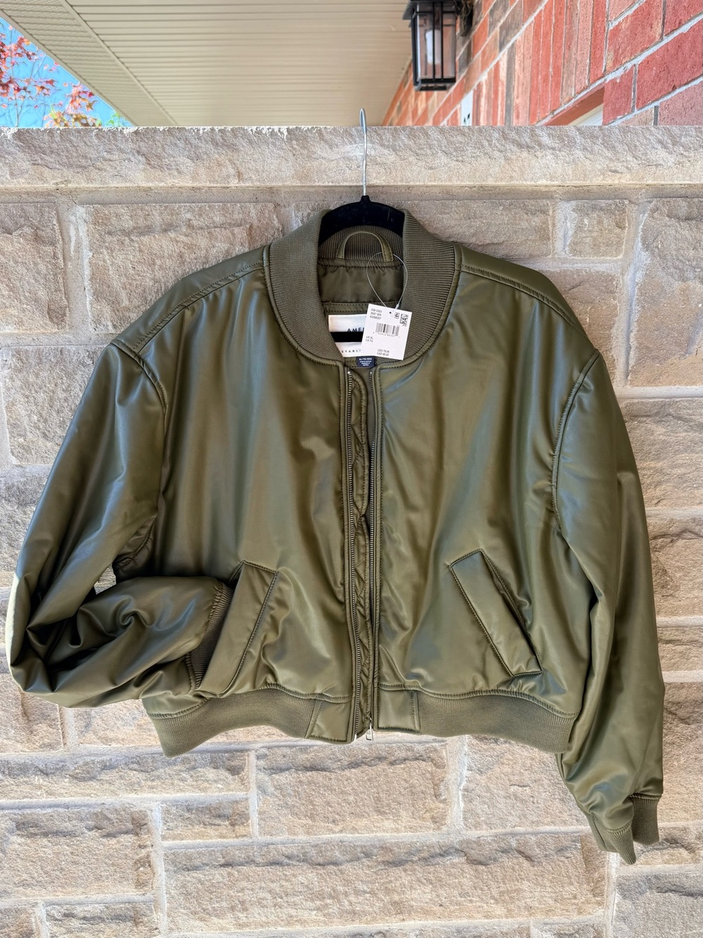 NWT American Eagle Women’s XL Olive Faux Leather Cropped Bomber Jacket